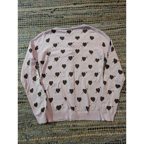 Vtg Powder Pink Button Up Cardigan M Black Hearts Valentine's Crew Neck Y2k - Picture 8 of 9